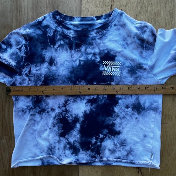 VANS TIE DYE CUT OFF Women’s Navy Blue White Crew Neck Frayed Hem Sweatshirt S - Picture 5 of 7